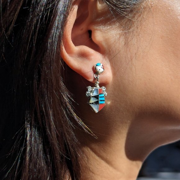 Zuni Earring Multi Stones Sterling Silver Inlay‎ Native American Jewelry *** - Picture 3 of 8